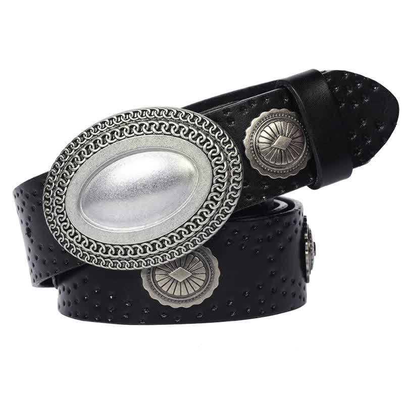 Men's Vintage Looking Oval Buckle Rivet Leather Belt - Black - 44 - image 0
