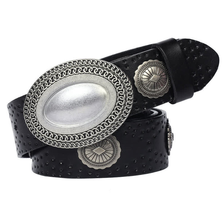 Men's Vintage Looking Oval Buckle Rivet Leather Belt - Black - 44 - image 0
