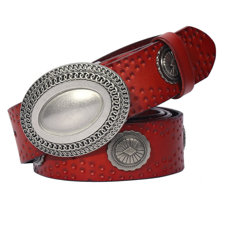 Men's Vintage Looking Oval Buckle Rivet Leather Belt - Brown - 44 - image 11