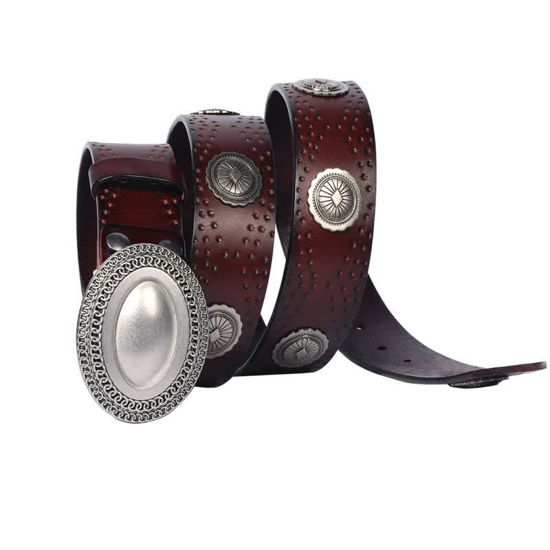 Men's Vintage Looking Oval Buckle Rivet Leather Belt - image 10