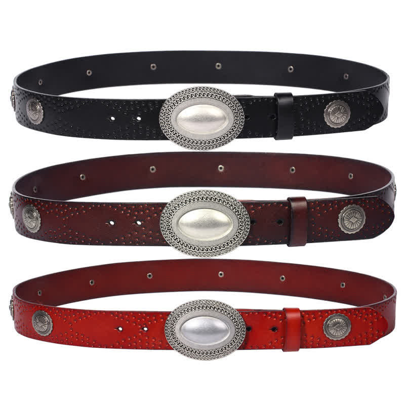 Men's Vintage Looking Oval Buckle Rivet Leather Belt - image 2