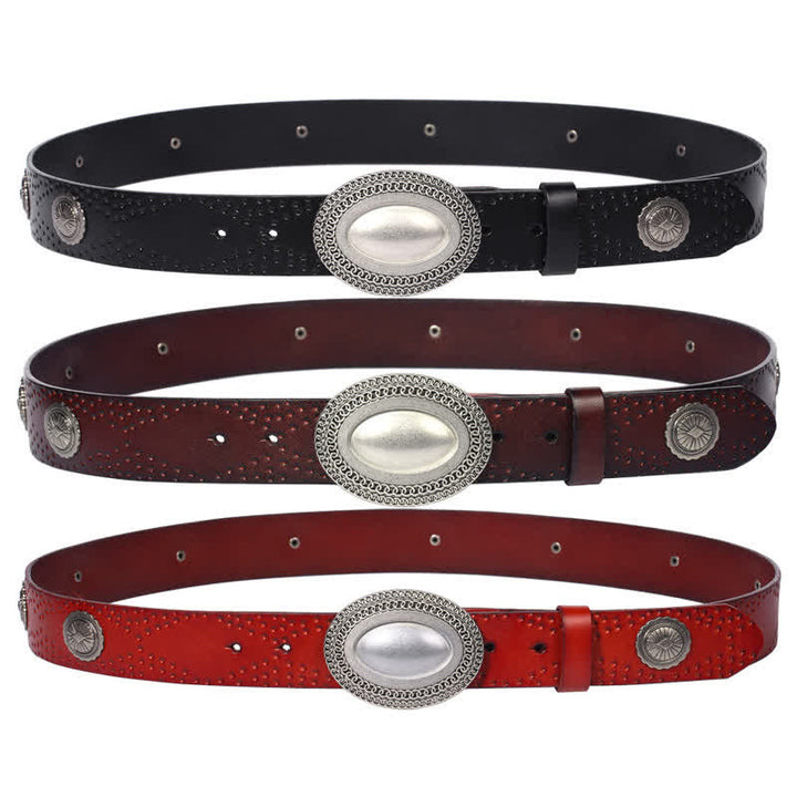 Men's Vintage Looking Oval Buckle Rivet Leather Belt - image 2