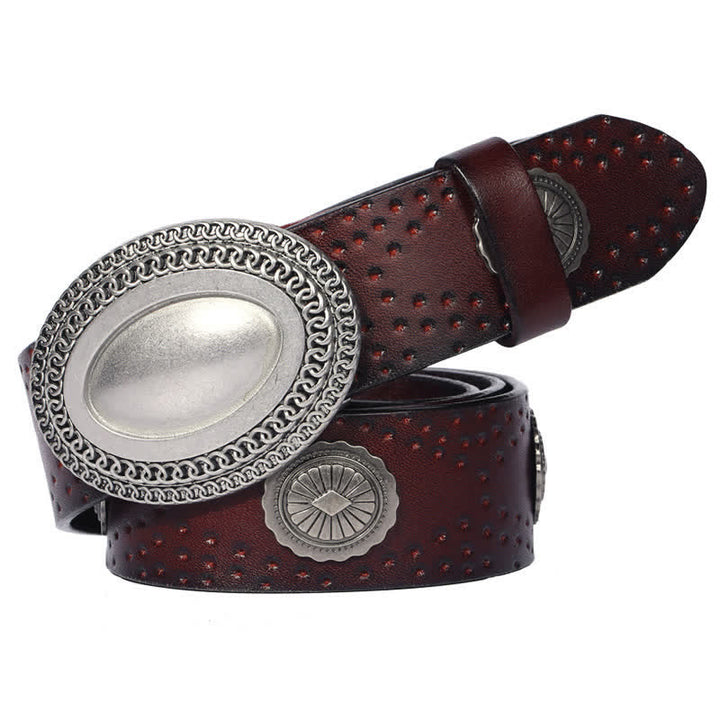 Men's Vintage Looking Oval Buckle Rivet Leather Belt - Coffee - 44 - image 8
