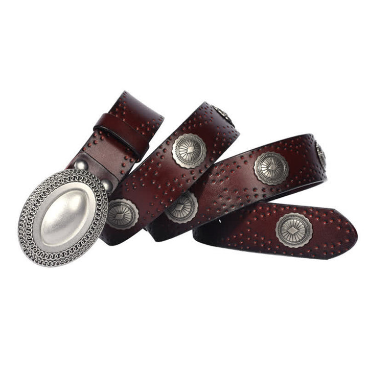 Men's Vintage Looking Oval Buckle Rivet Leather Belt - image 9