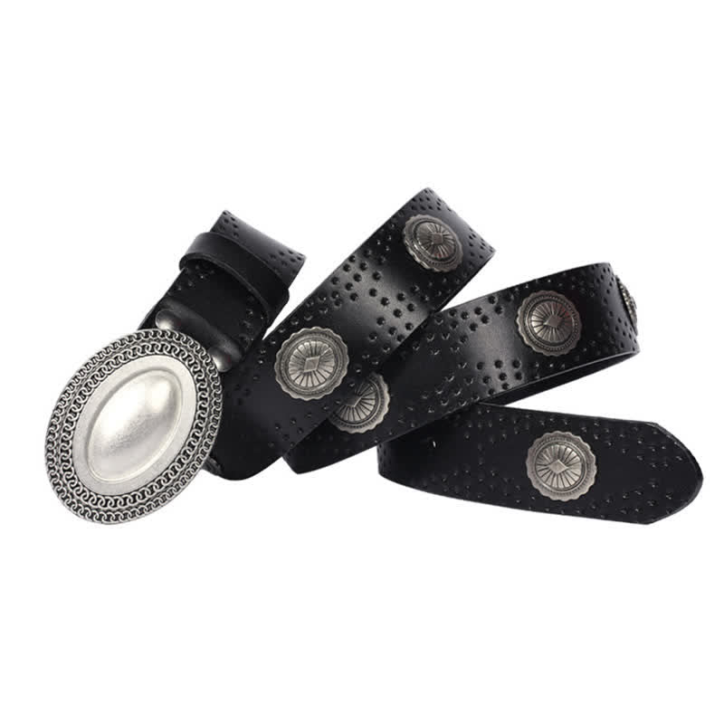Men's Vintage Looking Oval Buckle Rivet Leather Belt - image 1