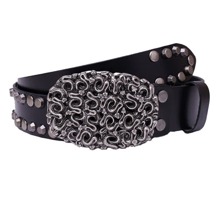 Men's Snake Smooth Buckle Rivet Leather Belt - Black - 44 - image 0