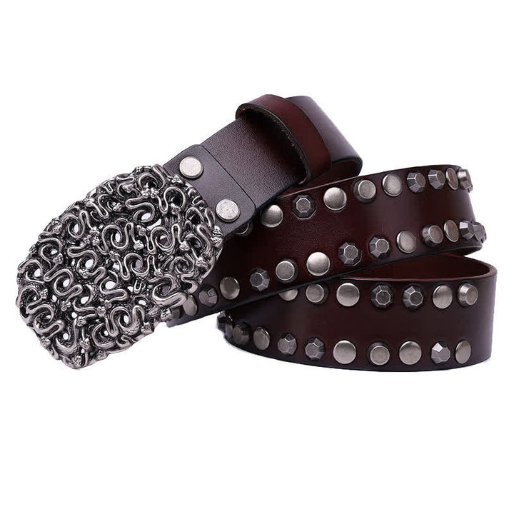 Men's Snake Smooth Buckle Rivet Leather Belt - Coffee - 44 - image 7