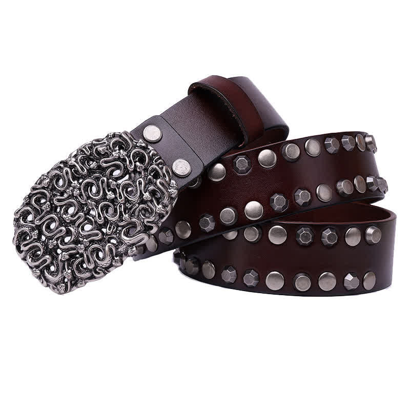 Men's Snake Smooth Buckle Rivet Leather Belt - Coffee - 44 - image 7