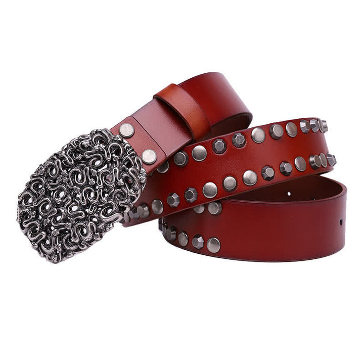 Men's Snake Smooth Buckle Rivet Leather Belt - Reddish-Brown - 44 - image 8