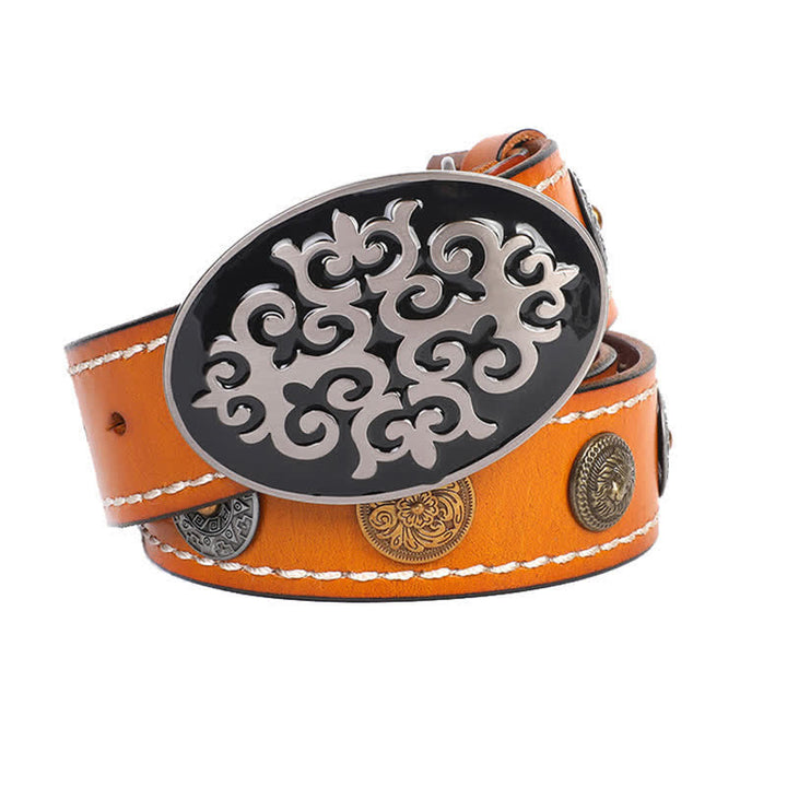Men's Ethnic Carved Flower & Lion Head Rivet Leather Belt - Yellow - 44 - image 14