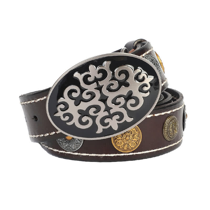 Men's Ethnic Carved Flower & Lion Head Rivet Leather Belt - Coffee - 44 - image 11