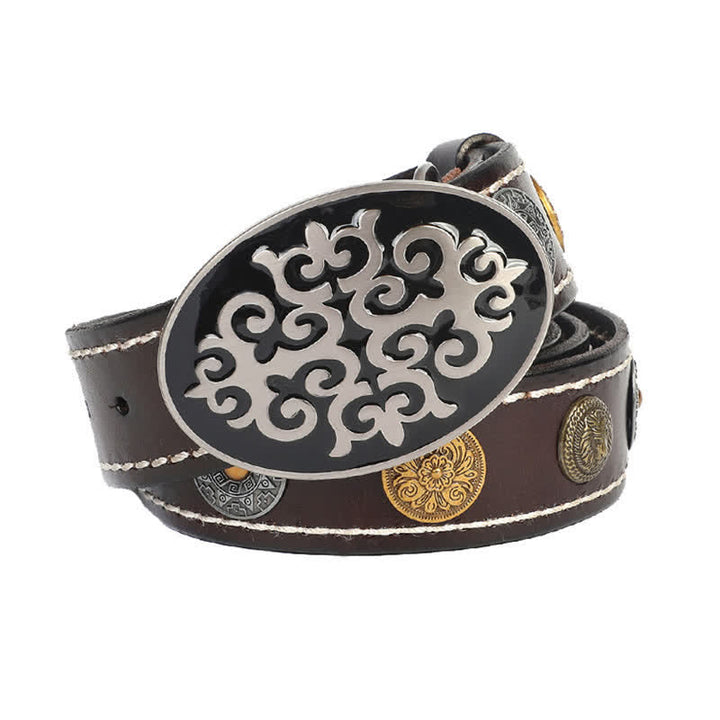 Men's Ethnic Carved Flower & Lion Head Rivet Leather Belt - Coffee - 44 - image 11