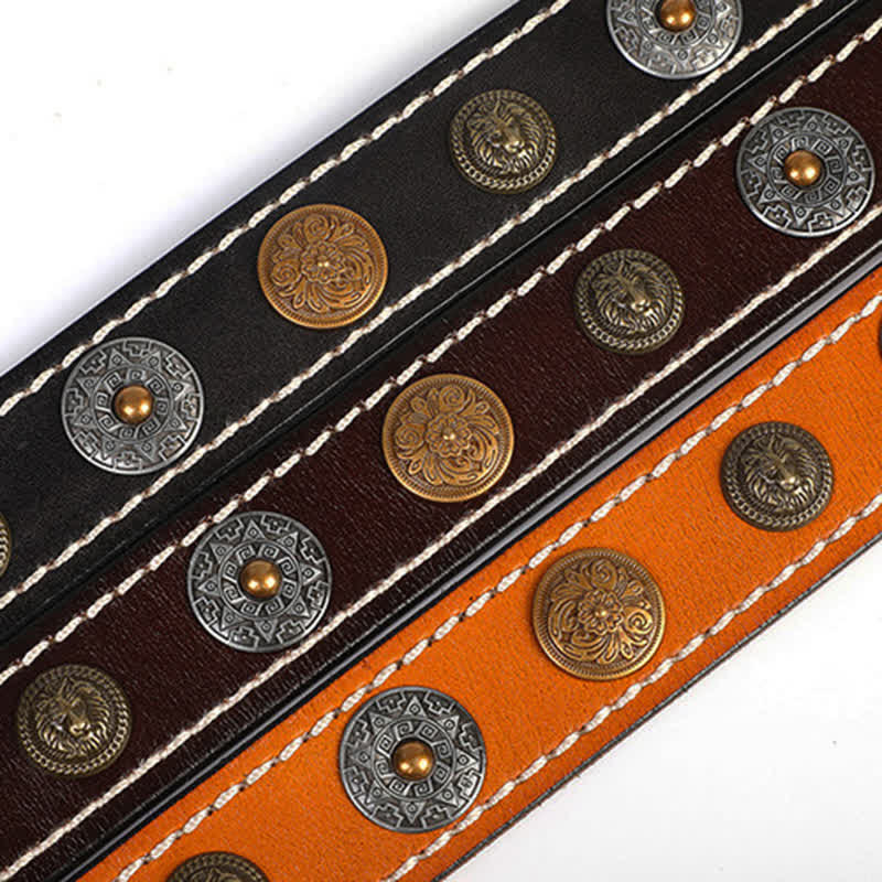 Men's Ethnic Carved Flower & Lion Head Rivet Leather Belt - image 9