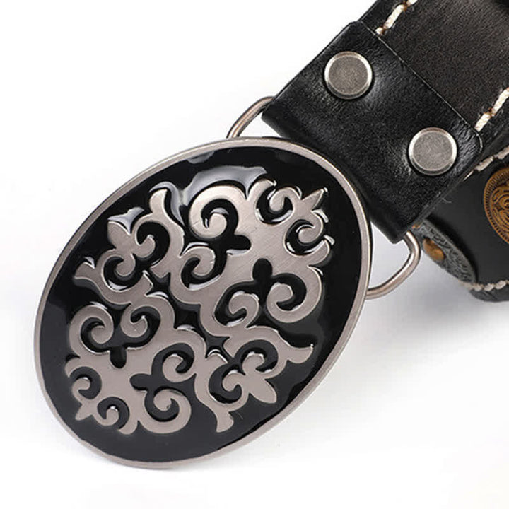 Men's Ethnic Carved Flower & Lion Head Rivet Leather Belt - image 6
