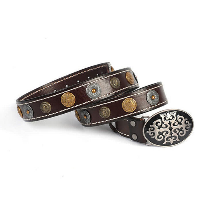 Men's Ethnic Carved Flower & Lion Head Rivet Leather Belt - image 13