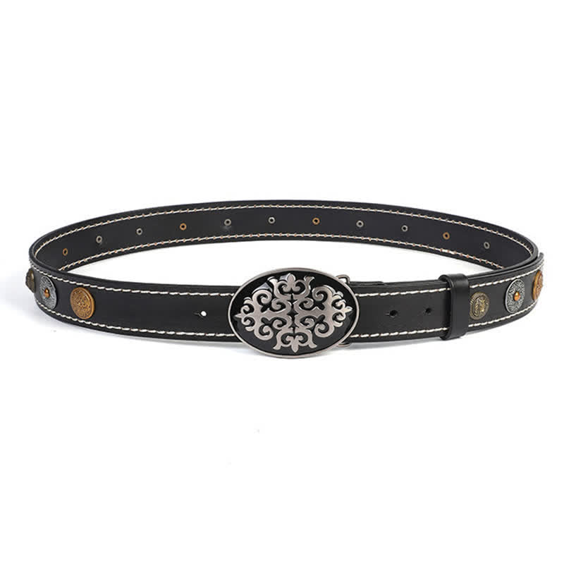 Men's Ethnic Carved Flower & Lion Head Rivet Leather Belt - image 4