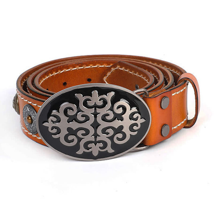 Men's Ethnic Carved Flower & Lion Head Rivet Leather Belt - image 15