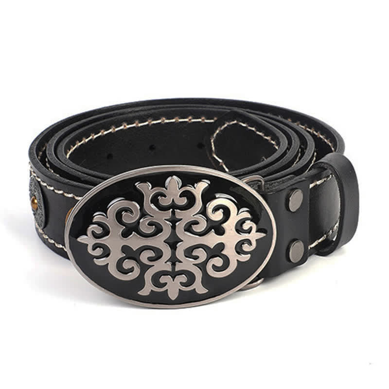 Men's Ethnic Carved Flower & Lion Head Rivet Leather Belt - image 3