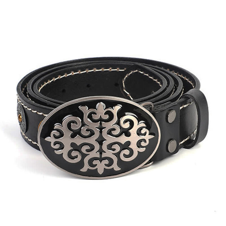 Men's Ethnic Carved Flower & Lion Head Rivet Leather Belt - image 3