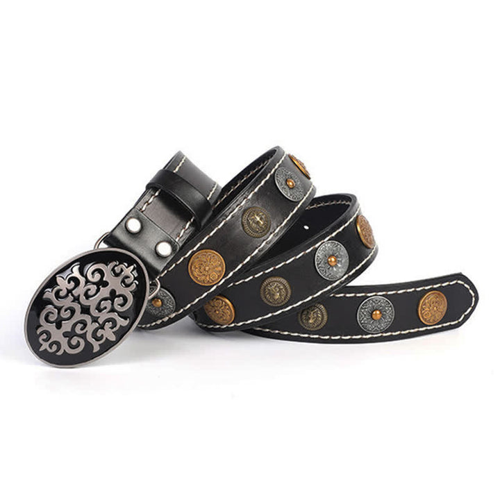 Men's Ethnic Carved Flower & Lion Head Rivet Leather Belt - image 2