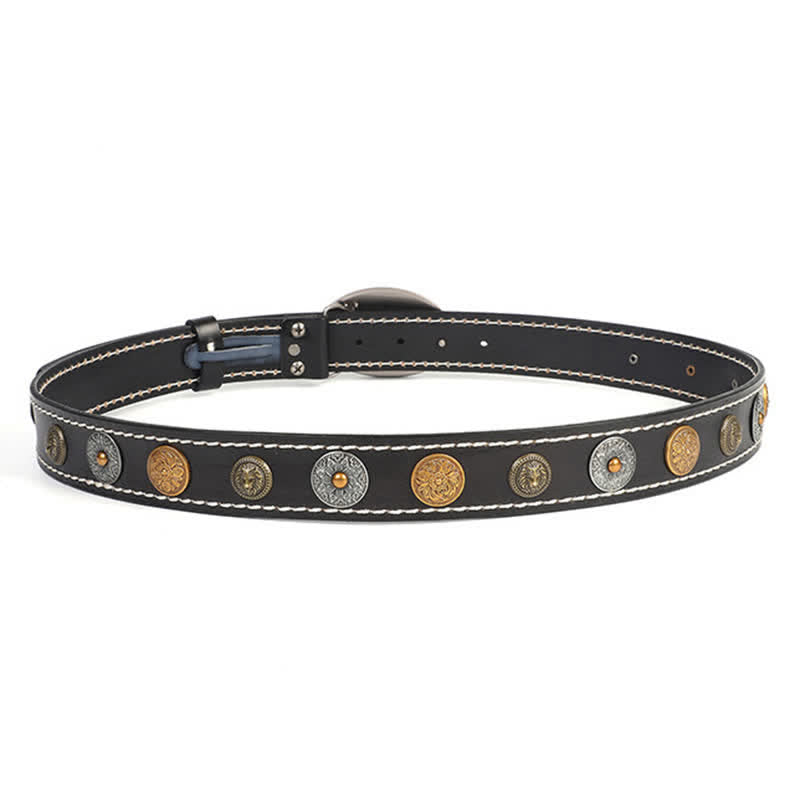 Men's Ethnic Carved Flower & Lion Head Rivet Leather Belt - image 5