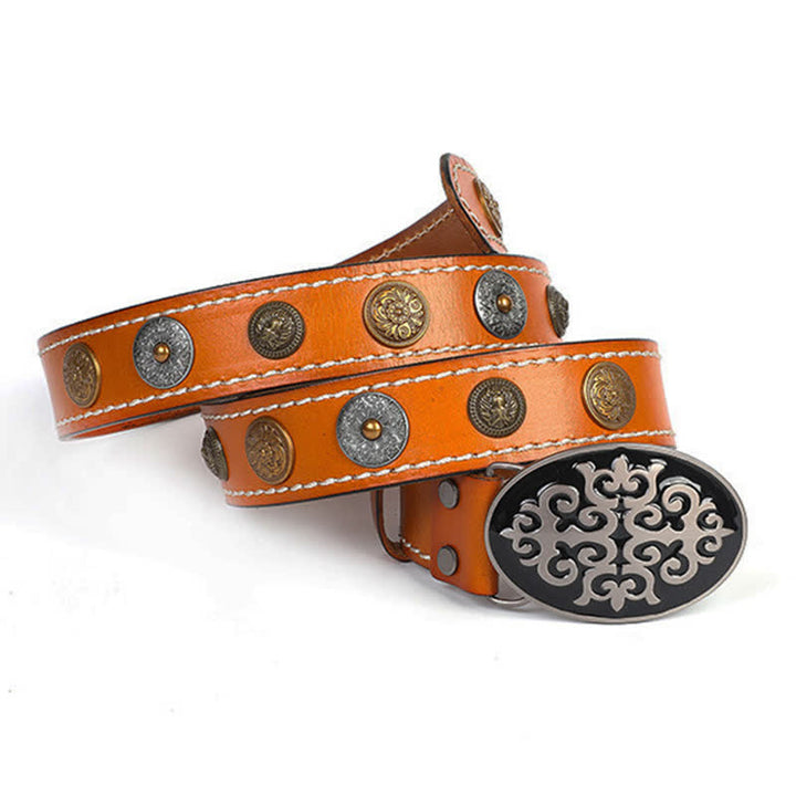 Men's Ethnic Carved Flower & Lion Head Rivet Leather Belt - image 17