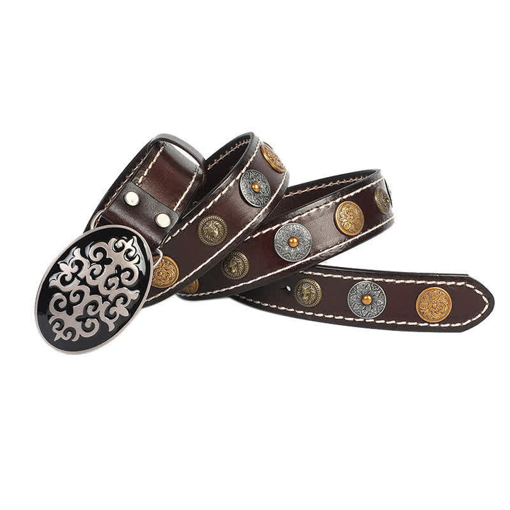 Men's Ethnic Carved Flower & Lion Head Rivet Leather Belt - image 12