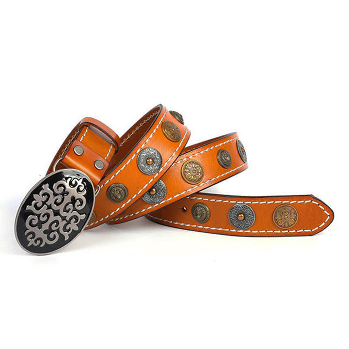 Men's Ethnic Carved Flower & Lion Head Rivet Leather Belt - image 16