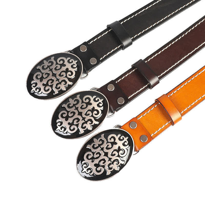 Men's Ethnic Carved Flower & Lion Head Rivet Leather Belt - image 1
