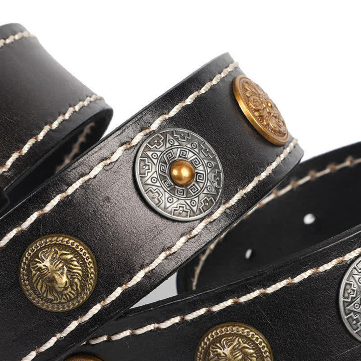 Men's Ethnic Carved Flower & Lion Head Rivet Leather Belt - image 8