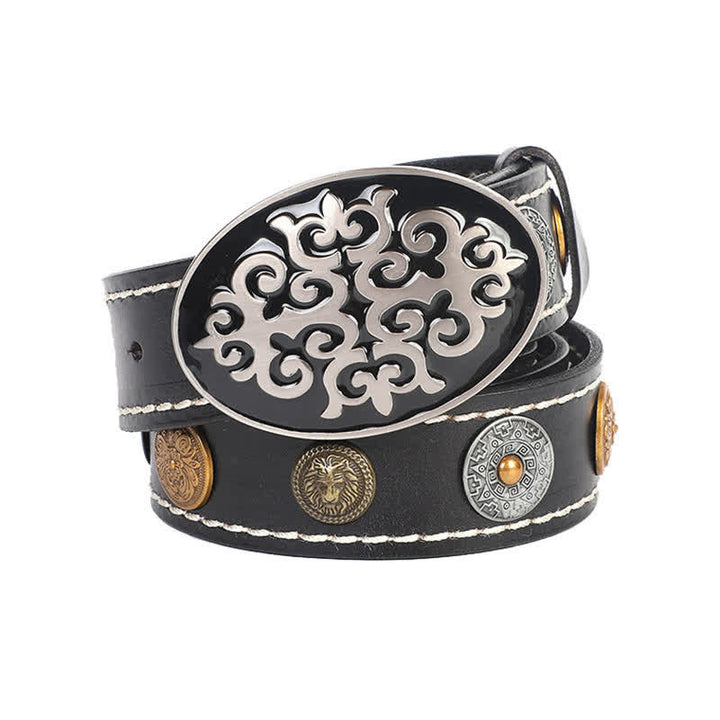 Men's Ethnic Carved Flower & Lion Head Rivet Leather Belt - Black - 44 - image 0