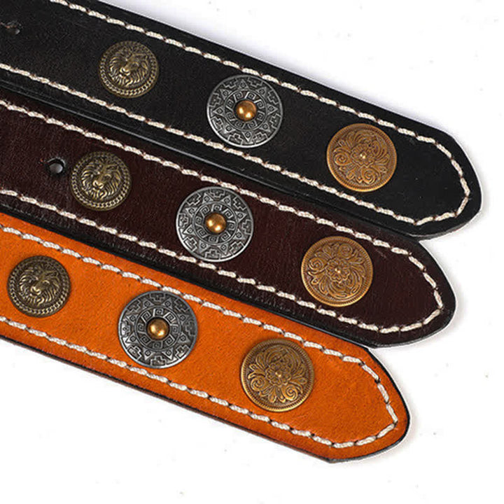 Men's Ethnic Carved Flower & Lion Head Rivet Leather Belt - image 10