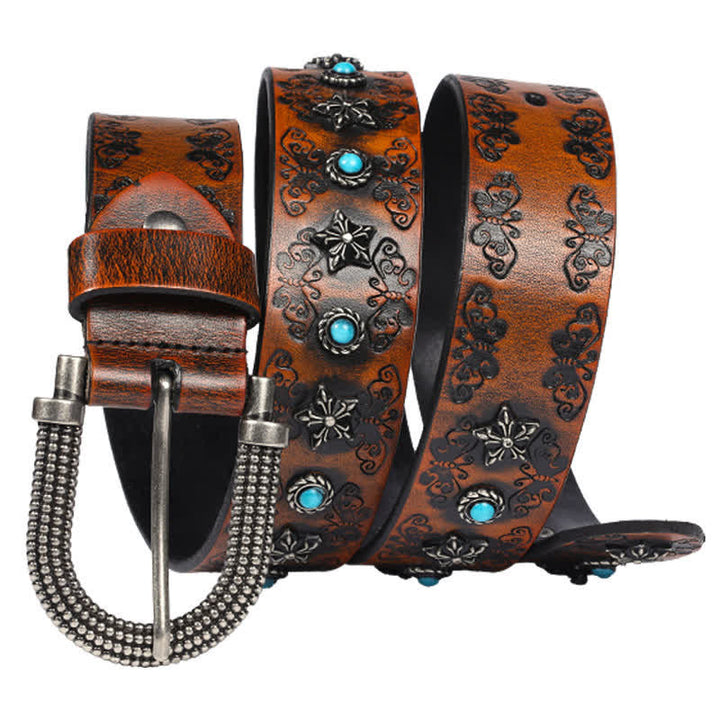 Men's Rivet Butterfly Carving Turquoise Inlay Leather Belt - image 1