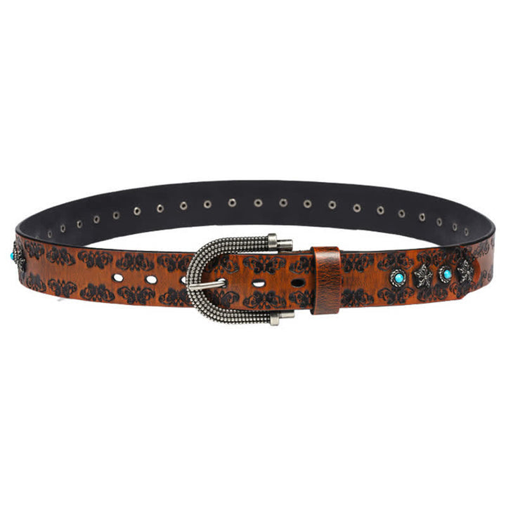 Men's Rivet Butterfly Carving Turquoise Inlay Leather Belt - image 3