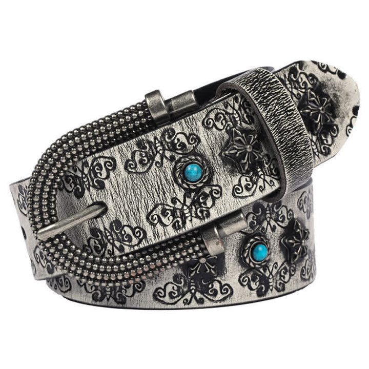 Men's Rivet Butterfly Carving Turquoise Inlay Leather Belt - Gray - 44 - image 9