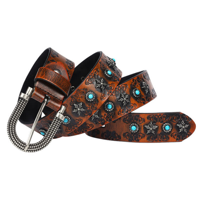 Men's Rivet Butterfly Carving Turquoise Inlay Leather Belt - image 2