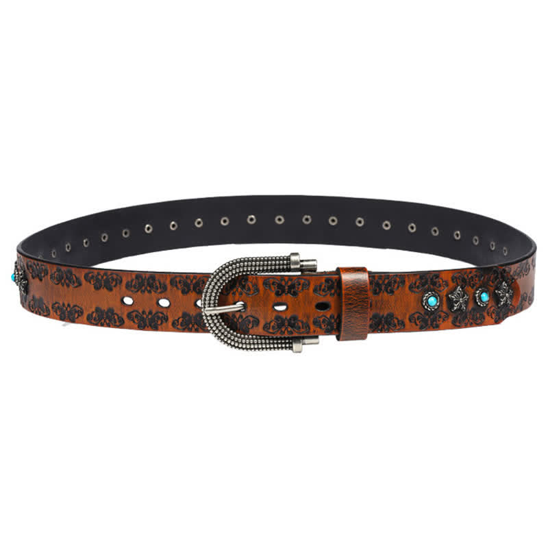Men's Rivet Butterfly Carving Turquoise Inlay Leather Belt - image 3