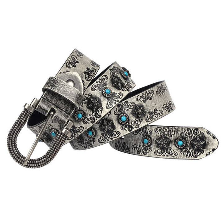 Men's Rivet Butterfly Carving Turquoise Inlay Leather Belt - image 11