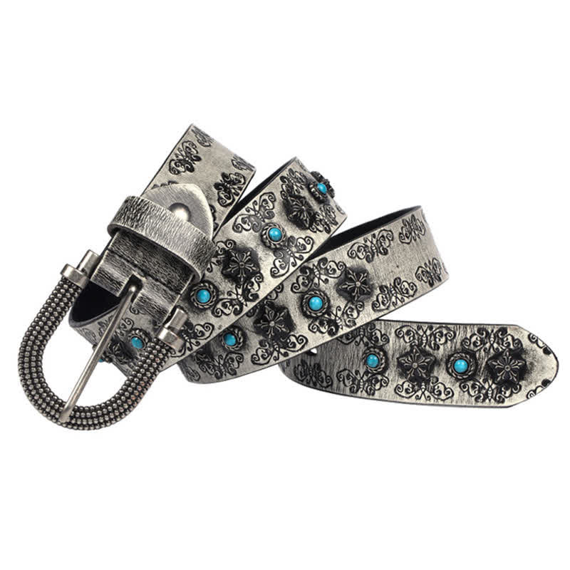 Men's Rivet Butterfly Carving Turquoise Inlay Leather Belt - image 11