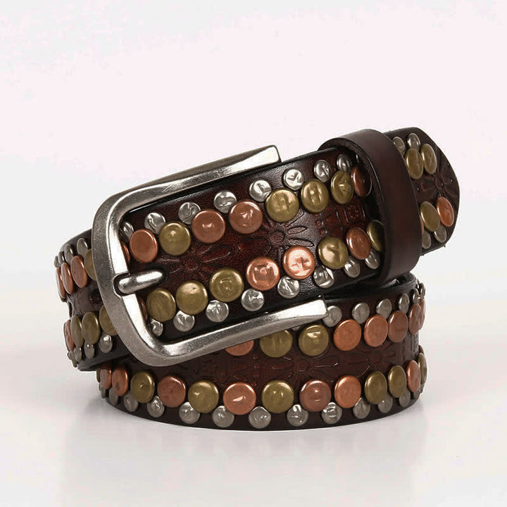 Men's Multicolour Button Rivet Studded Leather Belt - Brown - 44 - image 13