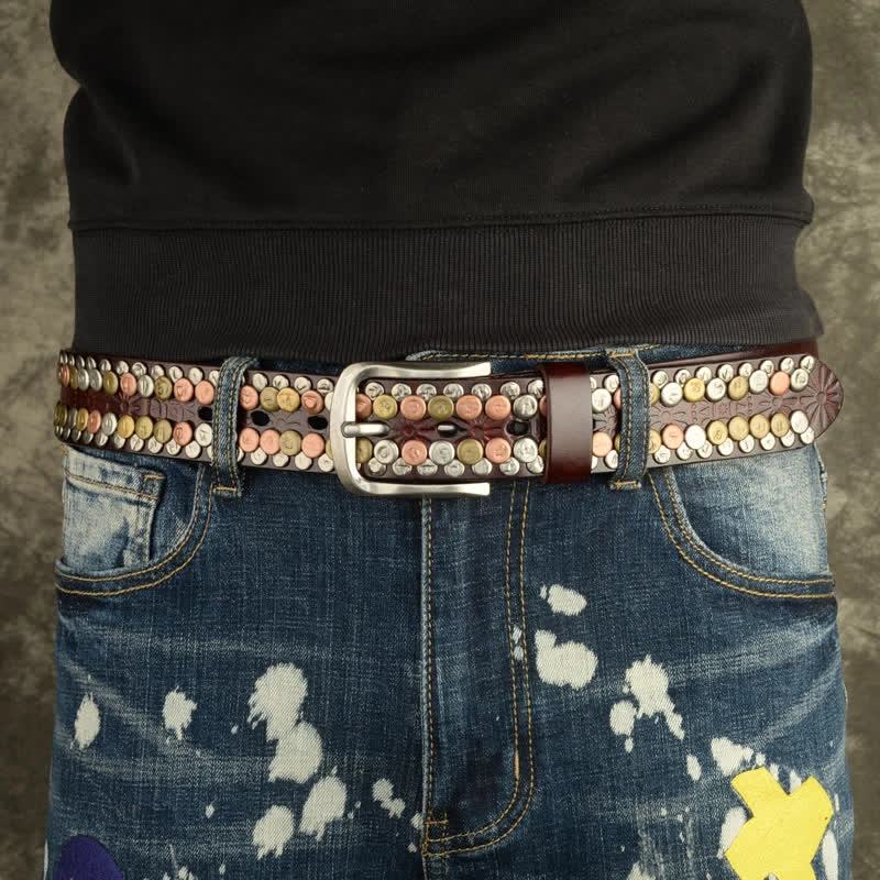 Men's Multicolour Button Rivet Studded Leather Belt - image 14