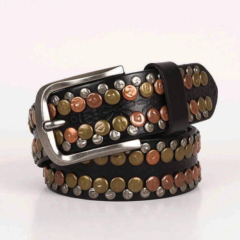 Men's Multicolour Button Rivet Studded Leather Belt - Black - 44 - image 0