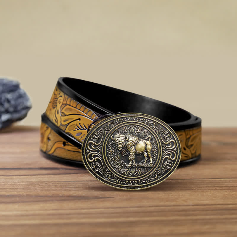 Men's DIY Wild Animal Bear Bull Buckle Leather Belt - Bull - SandyBrown Belt (40) - image 18
