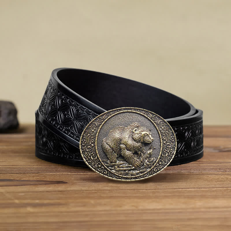 Men's DIY Wild Animal Bear Bull Buckle Leather Belt - Bear - Black Embossed Weave Belt (38) - image 6