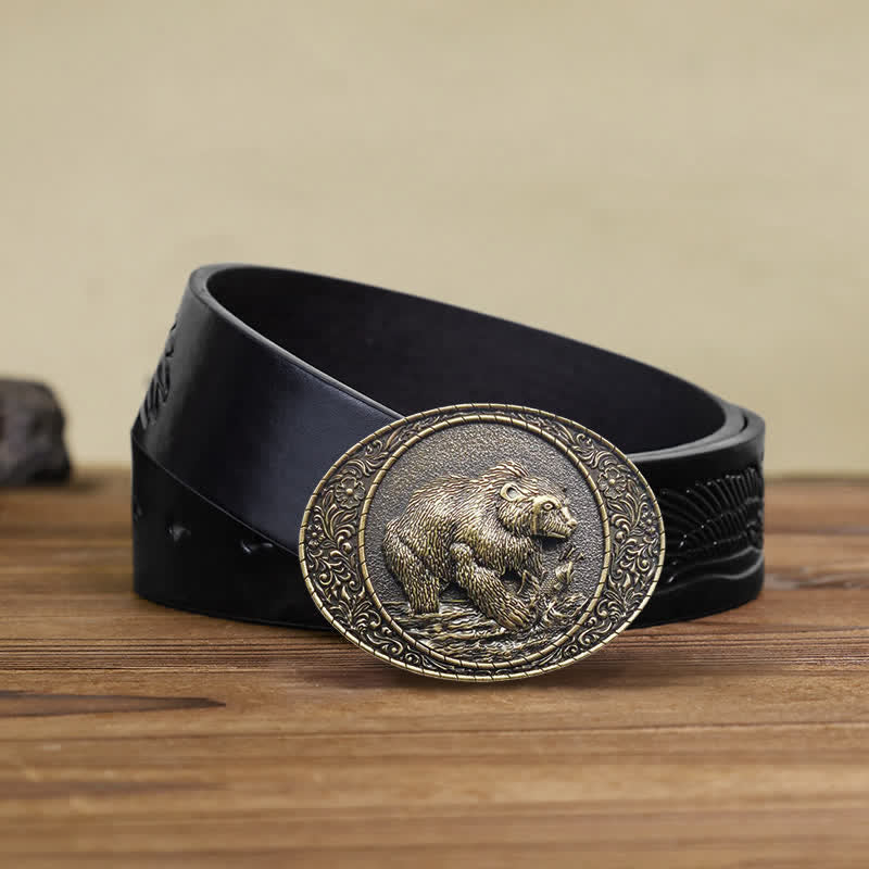 Men's DIY Wild Animal Bear Bull Buckle Leather Belt - Bear - Black Embossed Eagle Belt (38) - image 5