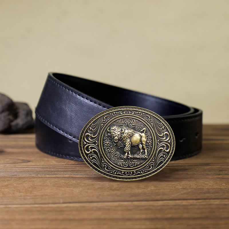 Men's DIY Wild Animal Bear Bull Buckle Leather Belt - Bull - Black PU Belt (40) - image 13