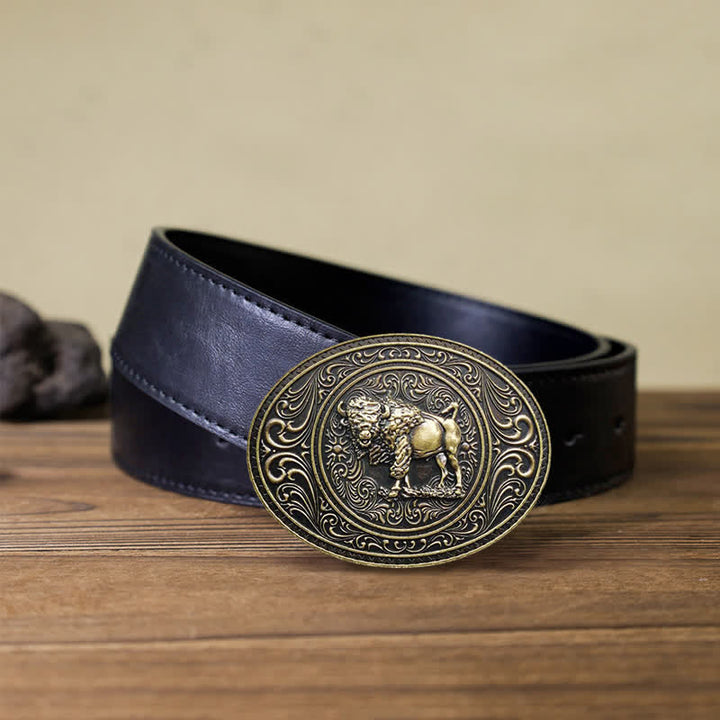 Men's DIY Wild Animal Bear Bull Buckle Leather Belt - Bull - Black PU Belt (40) - image 13