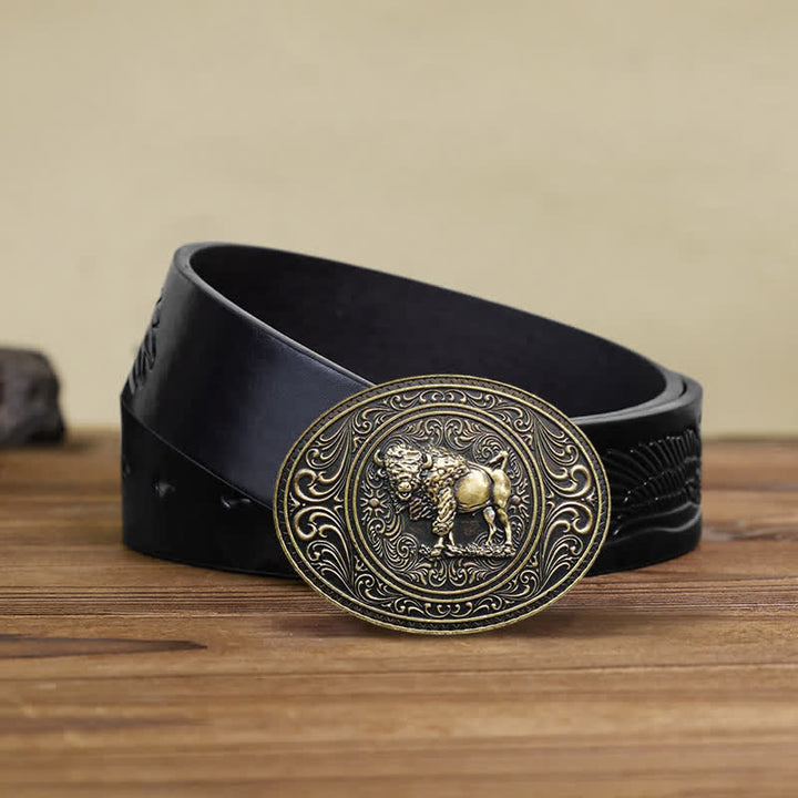 Men's DIY Wild Animal Bear Bull Buckle Leather Belt - Bull - Black Embossed Eagle Belt (38) - image 14