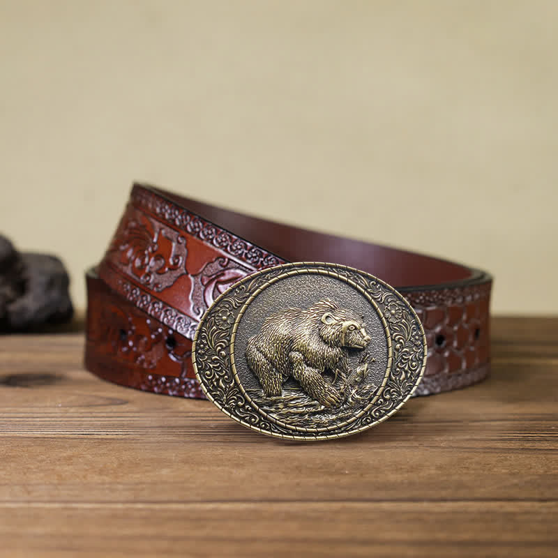 Men's DIY Wild Animal Bear Bull Buckle Leather Belt - Bear - Brown Carved Belt (40) - image 8
