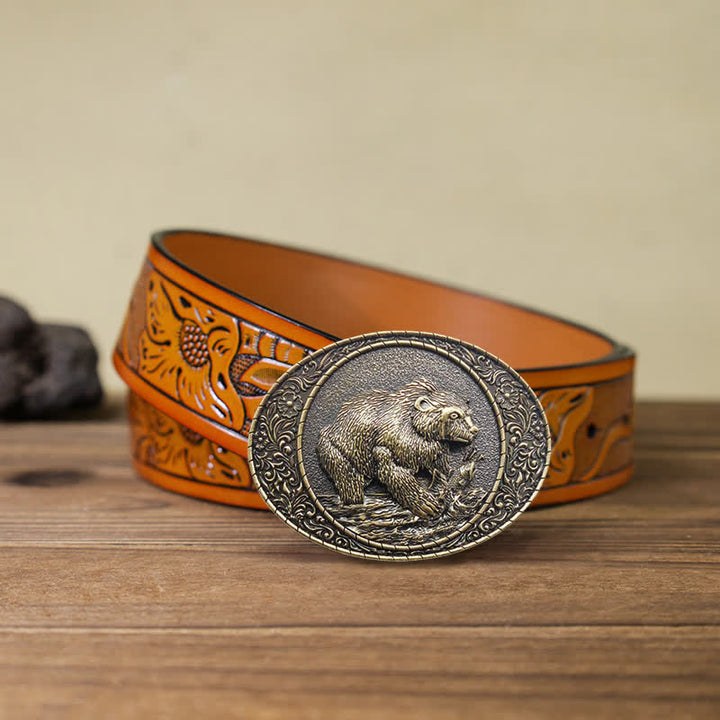 Men's DIY Wild Animal Bear Bull Buckle Leather Belt - Bear - Orange Carved Belt (40) - image 10